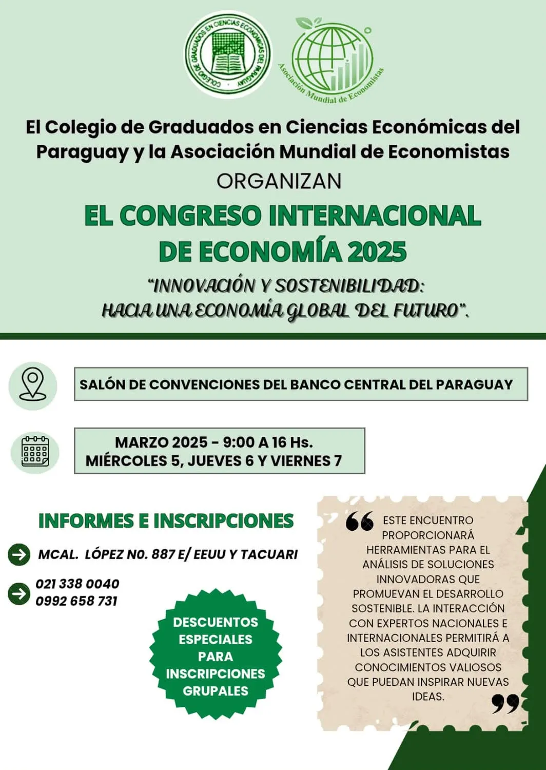 Afiche del Congreso Internacional de Economía 2025, con la sede en el Banco Central, las fechas del 5 al 7 de marzo y los datos de inscripción