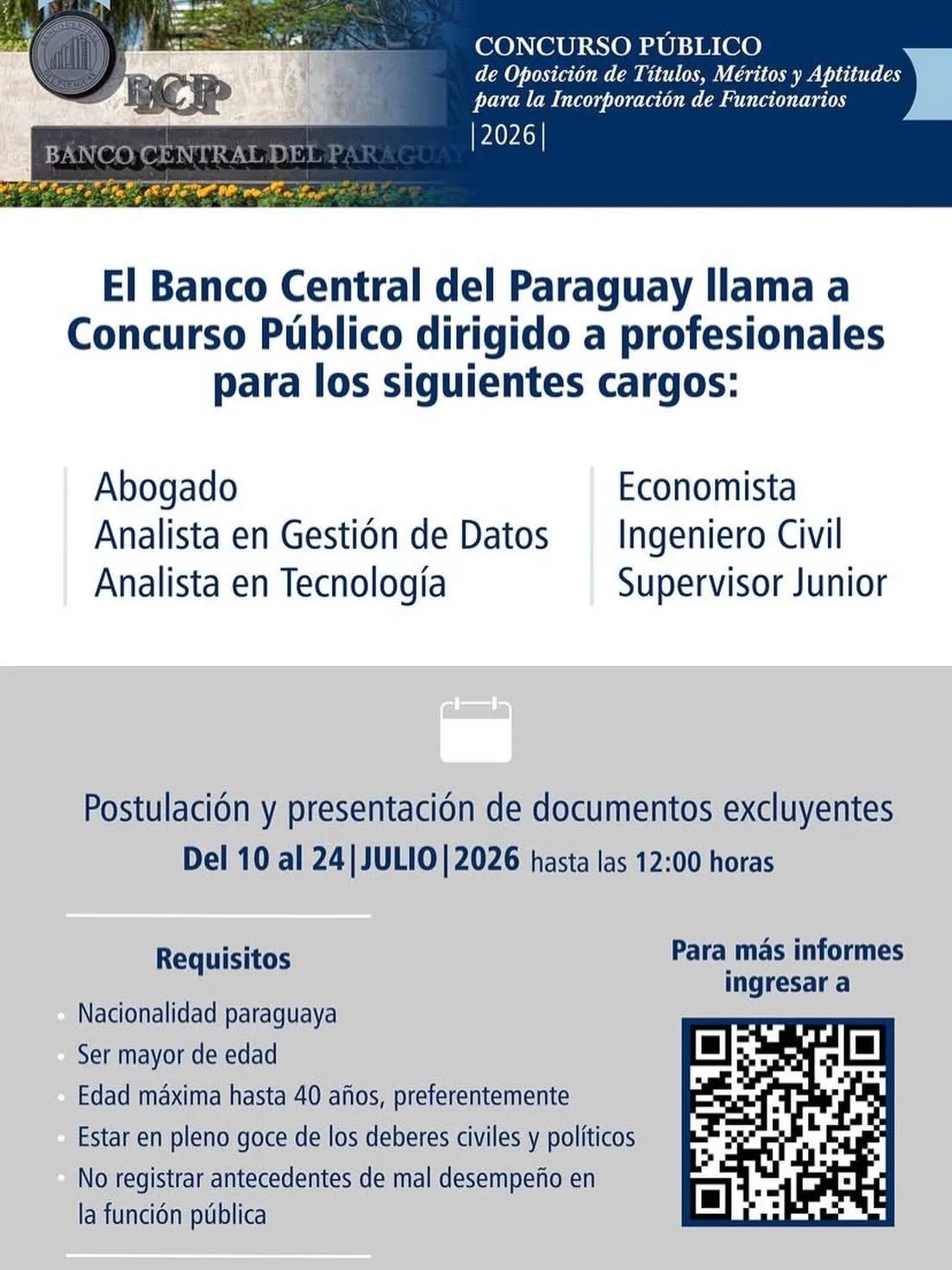 Aviso del Banco Central del Paraguay con los seis cargos concursados, el plazo de postulación del 10 al 24 de julio de 2026 y los requisitos