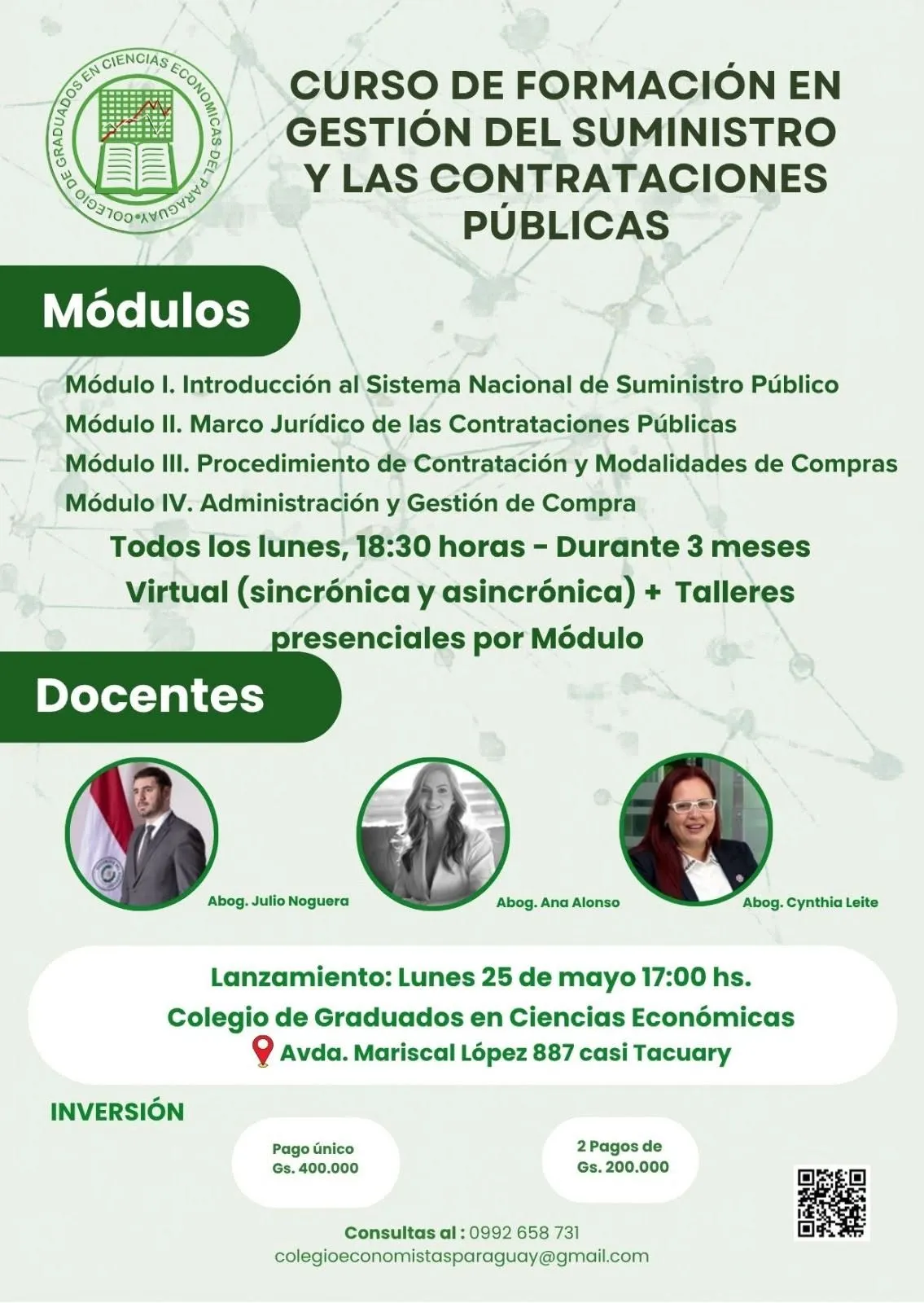 Flyer del curso, con los cuatro módulos, los tres docentes, el horario y los aranceles